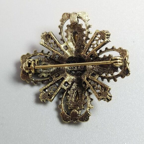 Vintage ART Gold Tone Heraldic Maltese Cross Rhinestone Brooch, Red White Blue - Picture 3 of 7
